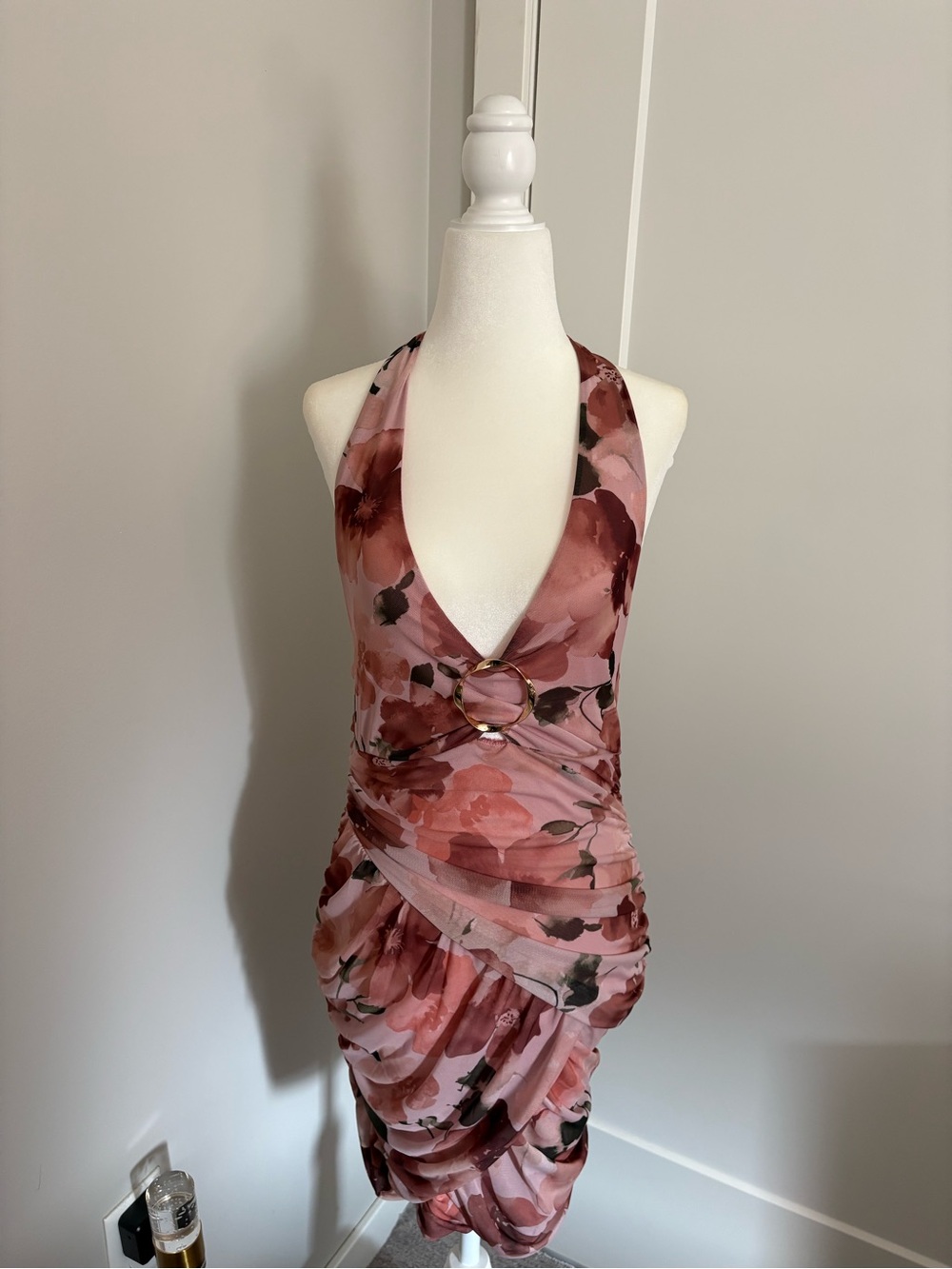 Halter Floral Ruched Pink Dress with Ring Detail
